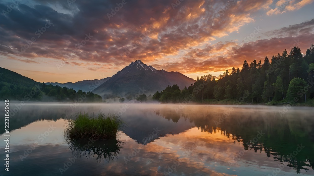 Fototapeta premium Sunrise over a serene mountain lake