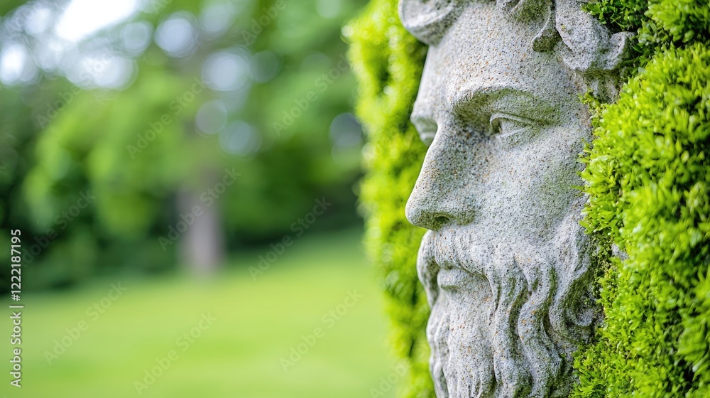 Stone face sculpture in lush garden, serene background. Ideal for nature, serenity themes Stone face sculpture in lush garden, serene background. Ideal for nature, serenity themes