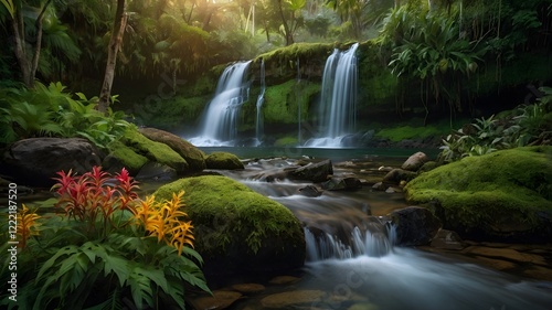 Tropical waterfall surrounded by vibrant wildflowers with long exposure photography
