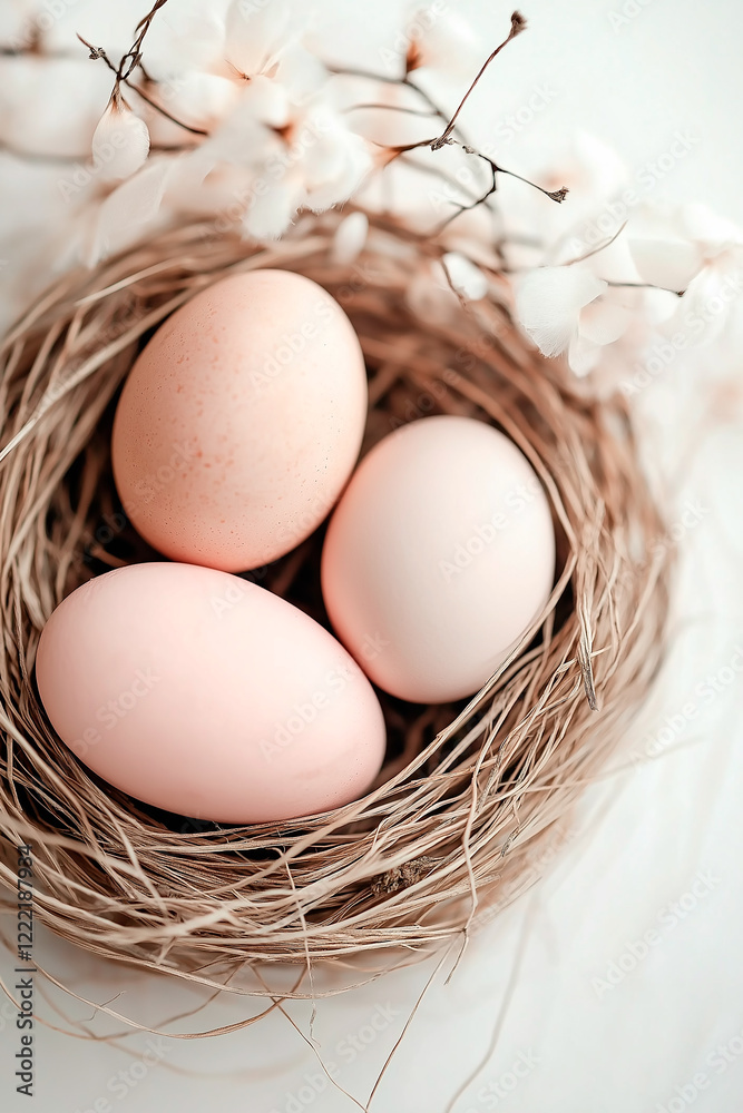 Easter eggs on the plate, nest over table background. pastel colors, flower, celebration. soft light, vertical wallpaper Easter eggs on the plate, nest over table background. pastel colors, flower, celebration. soft light, vertical wallpaper