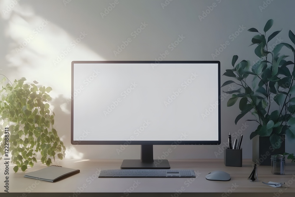 Modern workspace with blank computer screen, keyboard, mouse, plants, and stationery on a wooden desk. Modern workspace with blank computer screen, keyboard, mouse, plants, and stationery on a wooden desk.