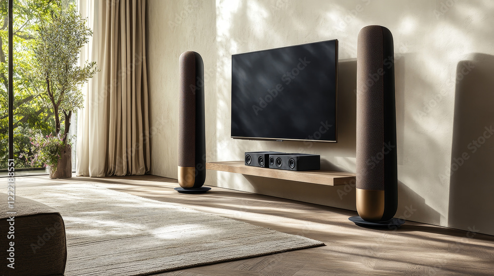 Fototapeta premium Home theater with tv screen and speakers in modern living room. Vector realistic interior with plasma television hanging on wall, sound stereo system and stand on wooden floor