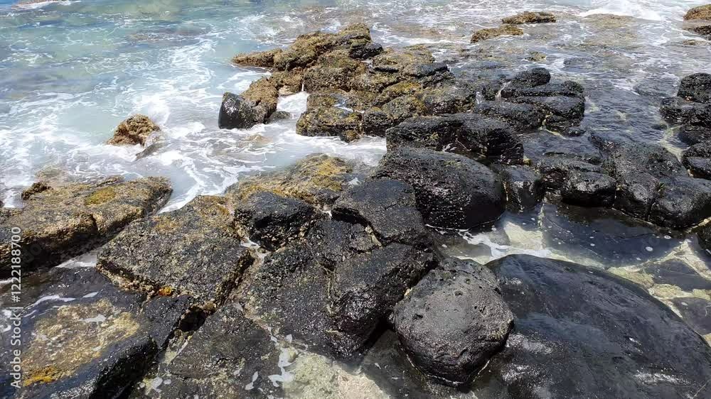 Stunning view of Mauritius’ black rocky coastline with crashing waves. The camera pans upward and circles around, revealing a sandy beach, palm forest, and vast ocean. Waves continue to hit the rocks Stunning view of Mauritius’ black rocky coastline with crashing waves. The camera pans upward and circles around, revealing a sandy beach, palm forest, and vast ocean. Waves continue to hit the rocks