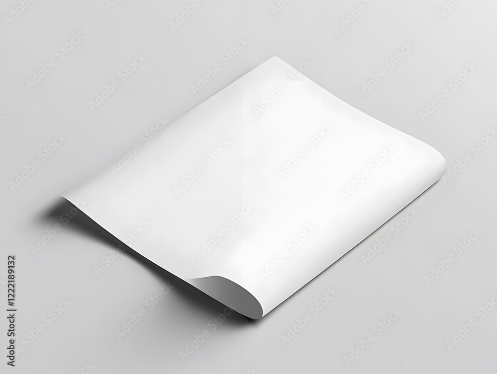 Blank white paper sheet mockup, slightly curled at the edges, isolated on a light gray background. Blank white paper sheet mockup, slightly curled at the edges, isolated on a light gray background.