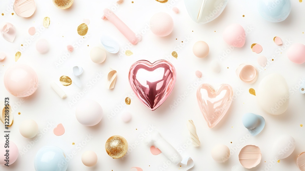 Celebration themed design glossy pastel colored objects soft nubes and romantic symbols isolated on white perfect for valentine or wedding decorations Celebration themed design glossy pastel colored objects soft nubes and romantic symbols isolated on white perfect for valentine or wedding decorations