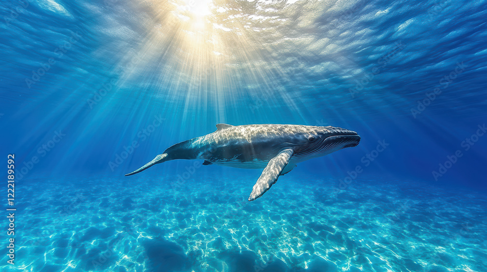 Obraz premium blue whale gliding gracefully through ocean depths, illuminated by sunlight