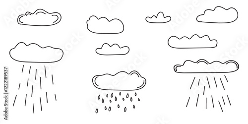 Weather illustrations collection. Hand drawn clouds with precipitation. Rain, shower icons. Clouds and precipitation in doodle style. Vector 