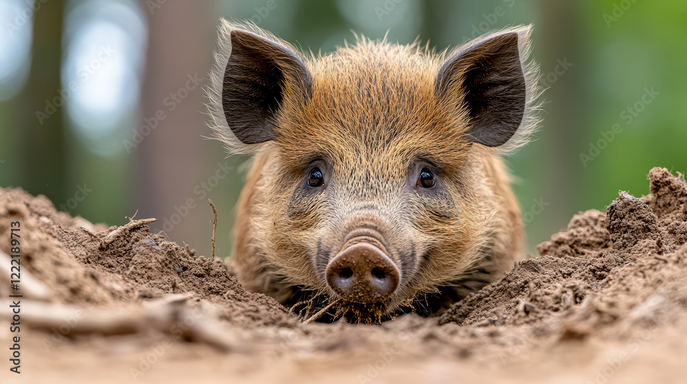 wild boar digging for roots in forest floor, showcasing its curious expression