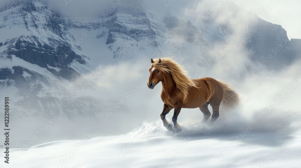 Brown Horse Standing Among Beautiful Snowy Mountains. Typical Icelandic Horse Breed with Long Fur and Short Stature. Wild Animals of Iceland. Brown Horse Standing Among Beautiful Snowy Mountains. Typical Icelandic Horse Breed with Long Fur and Short Stature. Wild Animals of Iceland.