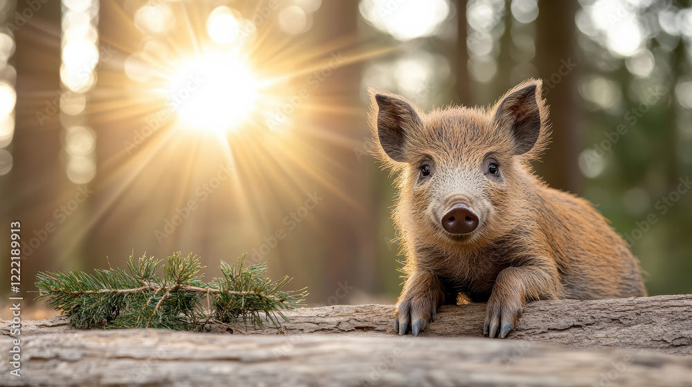 young boar resting on log in sunlit forest clearing young boar resting on log in sunlit forest clearing