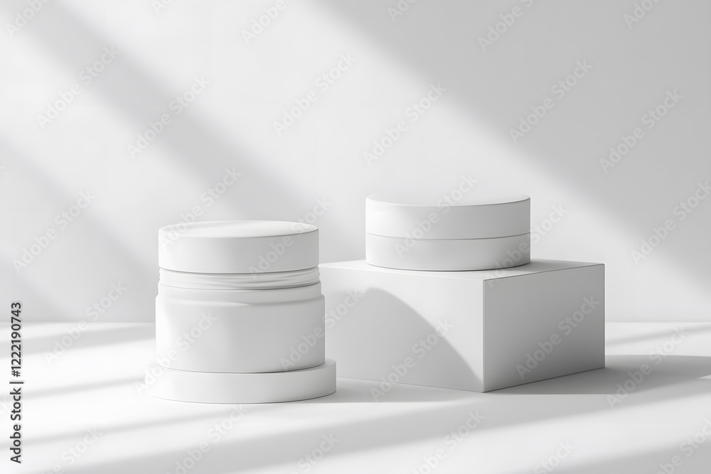 Two white cylindrical containers on white platforms, illuminated by sunlight.