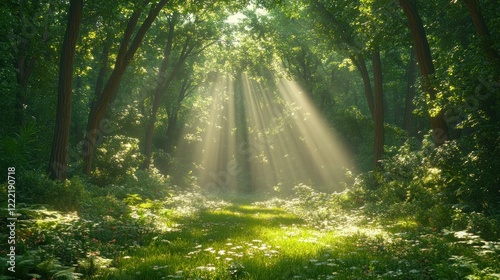 Sunbeams Illuminating a Serene Forest Path