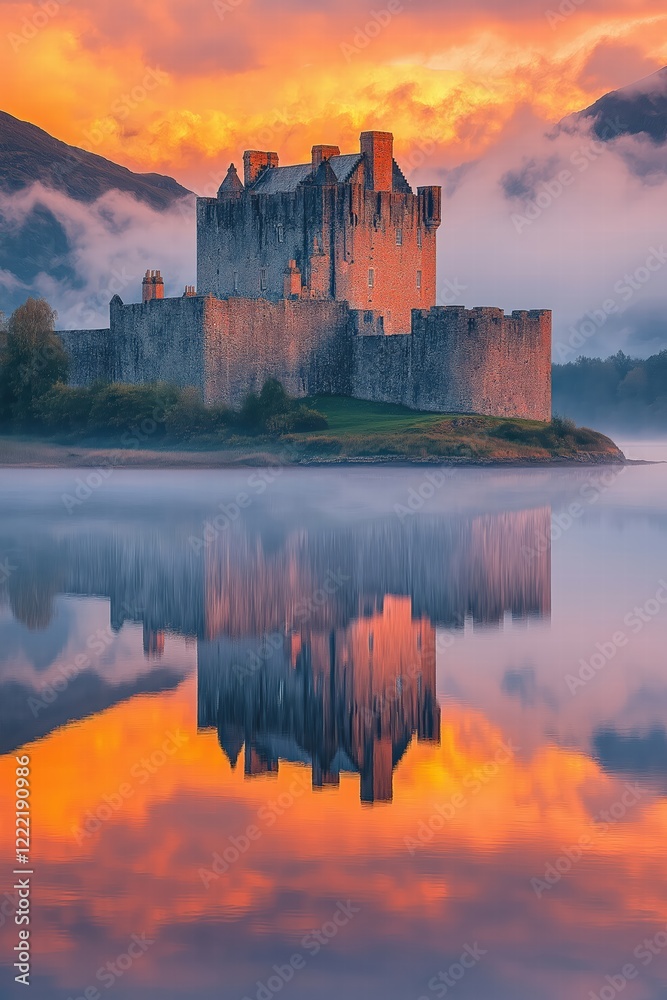 Fototapeta premium Eilean donan castle reflecting on loch duich at sunset with fog and mountains