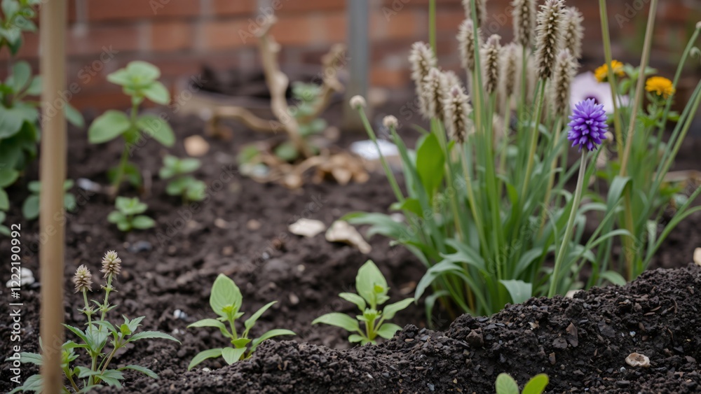 Young Plants Growing in a Garden Bed, Close Up View Young Plants Growing in a Garden Bed, Close Up View