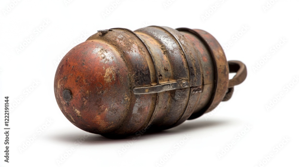 Fototapeta premium A vintage grenade lies on a clean backdrop showing its intricate design. An inspiring blend of history and craftsmanship comes to life in this unique depiction. Generative AI