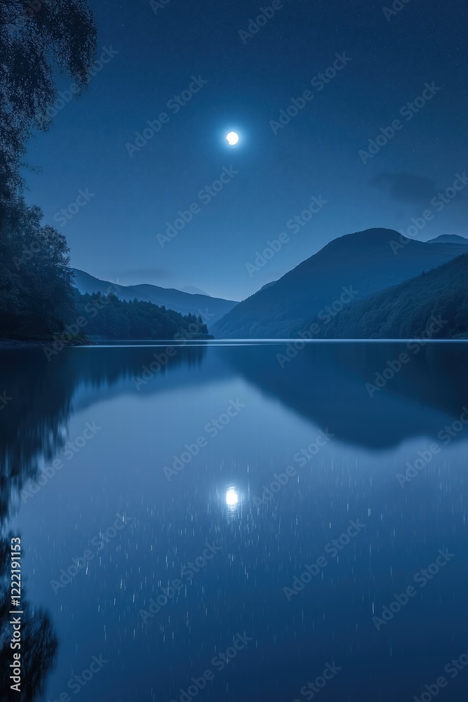 Fototapeta premium Moon shining over calm lake at night with mountain reflections