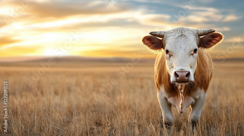 close up of cow standing in golden field at sunset, showcasing its features