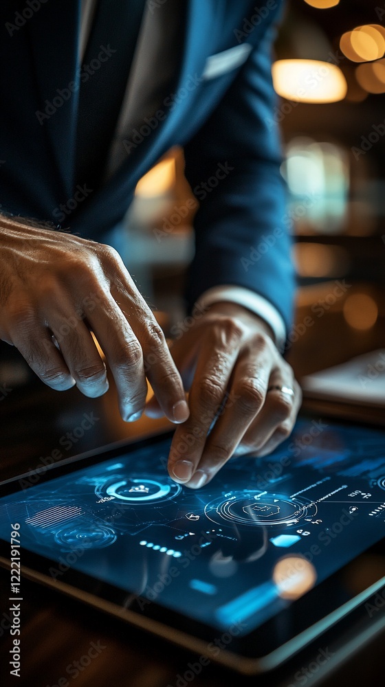 Close-up of businessman's hands using a tablet with holographic interface. Close-up of businessman's hands using a tablet with holographic interface.
