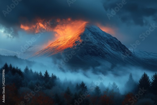 Buachaille etive mor mountain glowing orange at sunrise with fog covering forest in glencoe valley, scottish highlands photo
