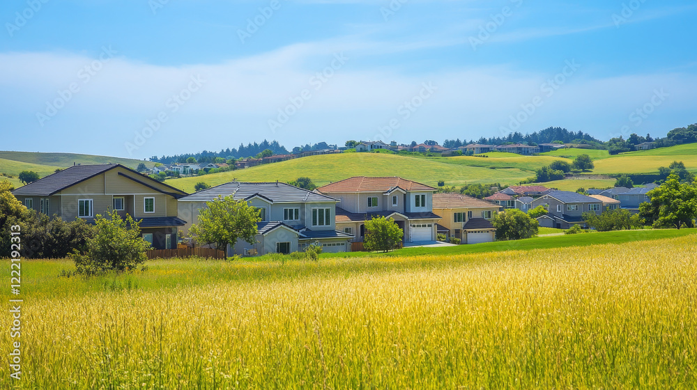 Suburban or village street with road and yards, rocky mountains and field under blue sunny sky. Cartoon vector suburb summer or spring landscape with cottages near hills and meadow, trees and bushes. Suburban or village street with road and yards, rocky mountains and field under blue sunny sky. Cartoon vector suburb summer or spring landscape with cottages near hills and meadow, trees and bushes.