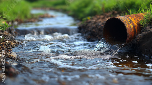 A rusty metal pipe dumping water into the river symbolizes environmental problems associated with water pollution and industrial waste.