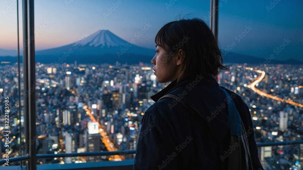 Obraz premium Traveler gazes at the serene silhouette of Mount Fuji against a beautifully illuminated cityscape during twilight