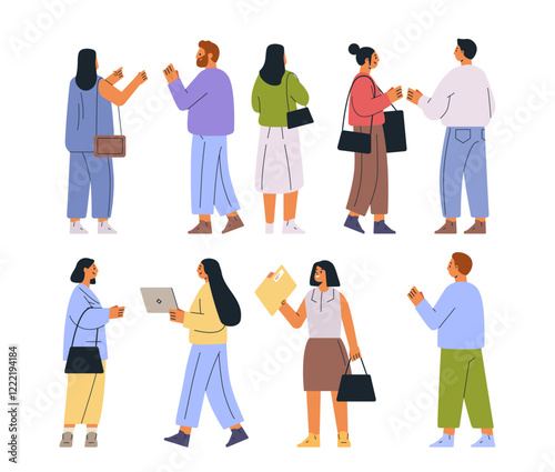 Business people talking communication collaboration diverse group standing and interacting various activities colorful outfits flat design