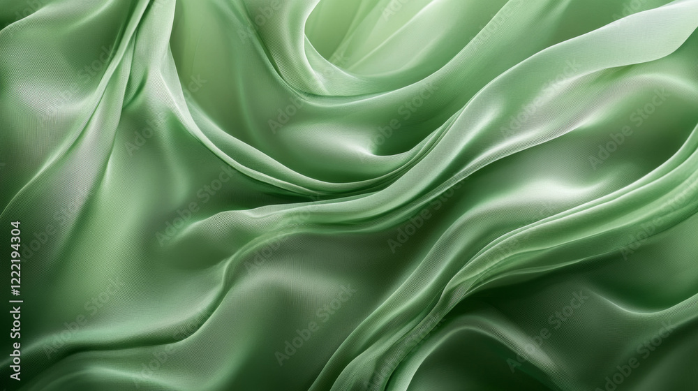Obraz premium Green drapery silk fabric luxury background. Wavy abstract satin cloth vector texture pattern. Smooth shiny drape material curtain. Elegant velvet curve motion image realistic horizontal design.