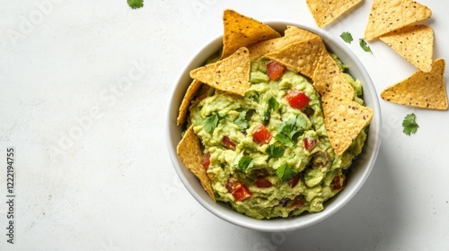 A bowl of fresh guacamole with crispy tortilla chips and a sprinkle of chopped cilantro, Centered in a minimalist white bowl, Overhead view with bright natural light