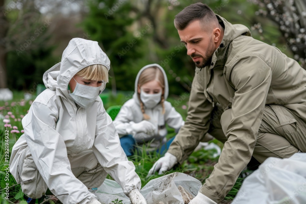 Social Work Month. Volunteers in protective gear working together to clean up and care for the environment. Social Work Month. Volunteers in protective gear working together to clean up and care for the environment.