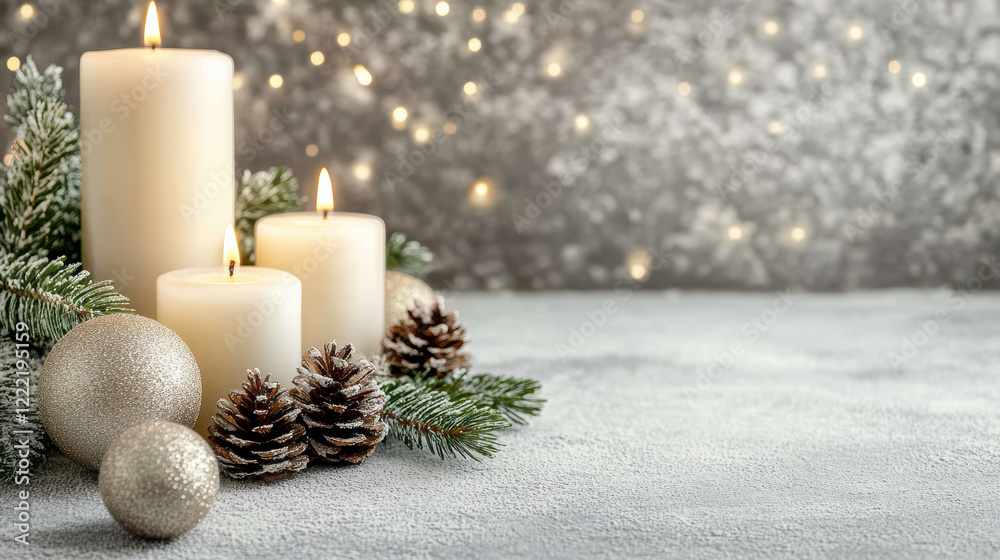festive holiday table setting with candles, pine, and ornaments creates warm atmosphere festive holiday table setting with candles, pine, and ornaments creates warm atmosphere