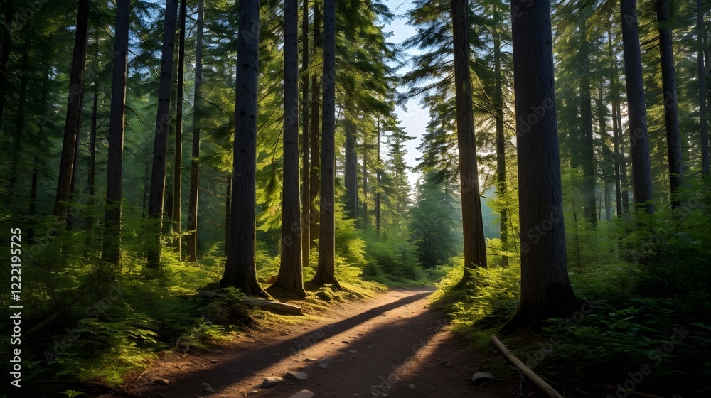 Fototapeta premium Picturesque forest trail winding through a lush serene landscape of towering evergreen trees Tranquil outdoor environment perfect for hiking trekking or peaceful of the wilderness