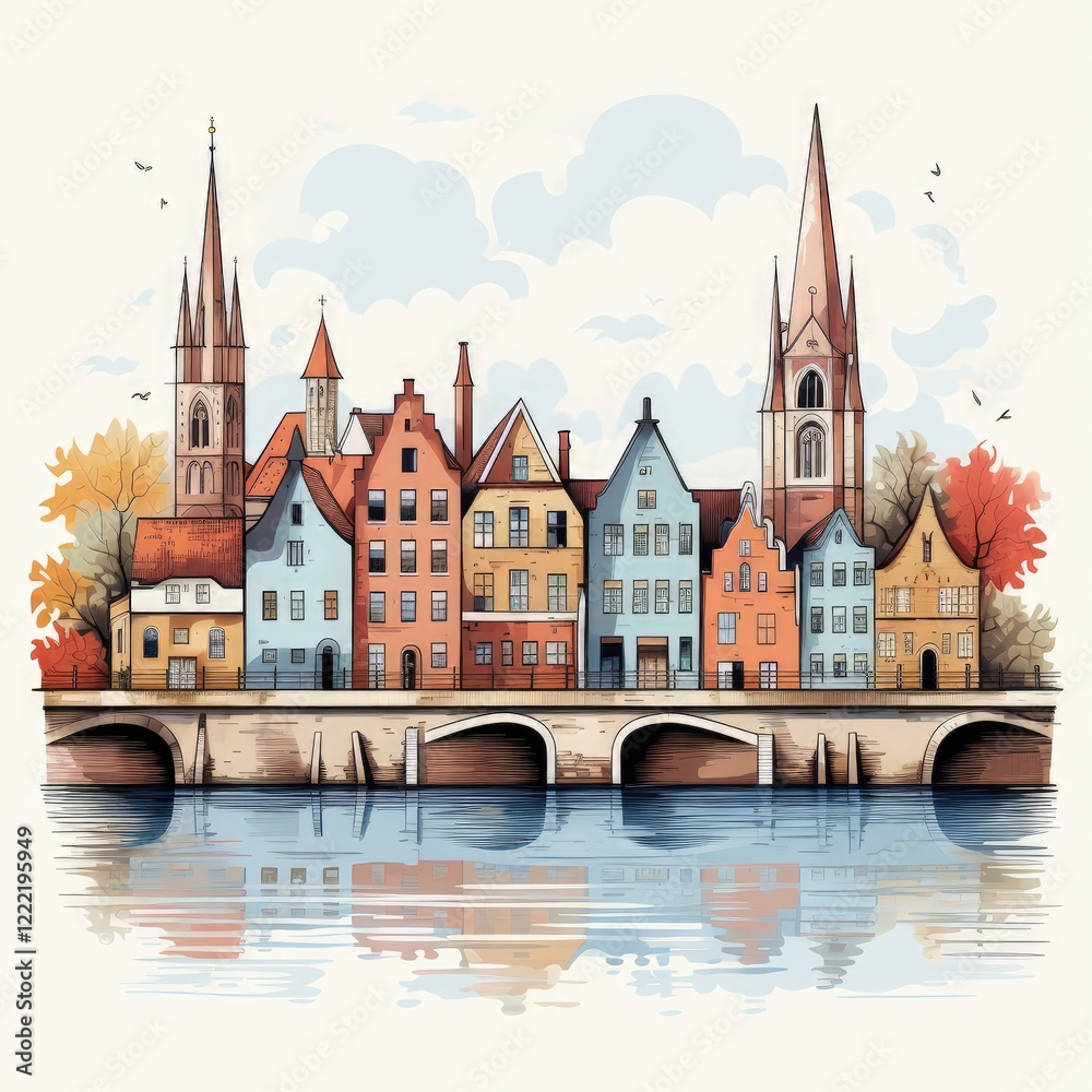 Fototapeta premium Modern Minimalistic Digital Art Depicting Brugge’s Canals and Buildings