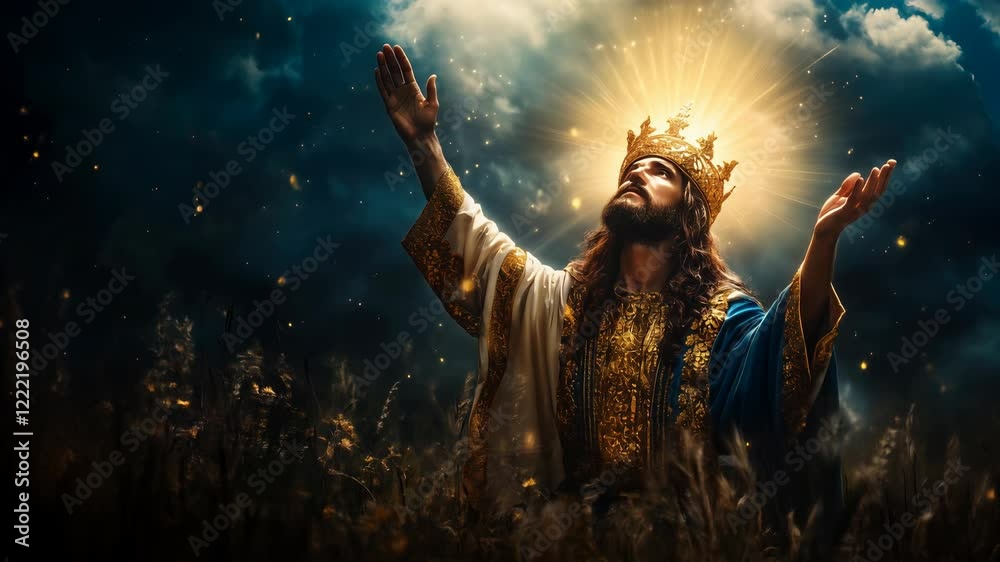 Jesus Christ dressed in regal garments raises his arms in devotion under a radiant light. Surrounding flora adds depth to the somber yet ethereal atmosphere of the moment.