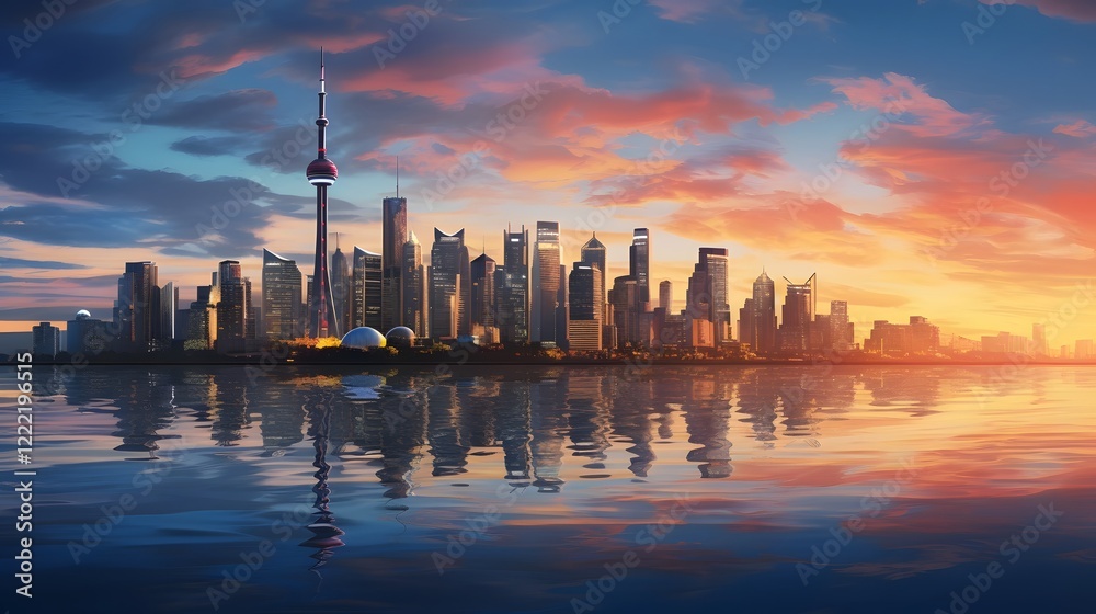 Obraz premium Panoramic view of a bustling city skyline with skyscrapers and high rise buildings silhouetted against a glowing sunset sky