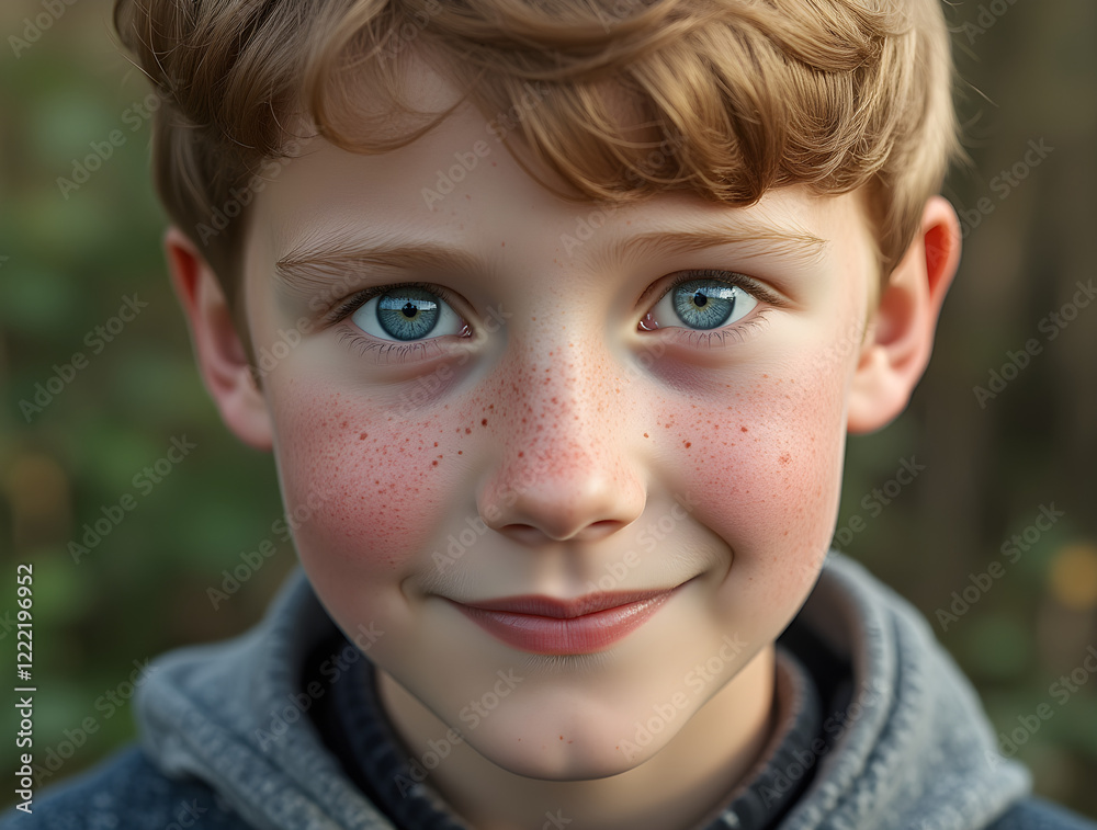 Close-Up of a Smiling Scandinavian Boy with Freckles and Blue Eyes in Natural Light Close-Up of a Smiling Scandinavian Boy with Freckles and Blue Eyes in Natural Light