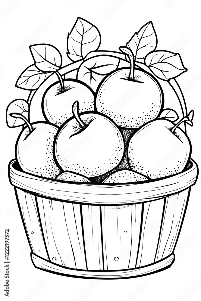 A basket filled with six apples and leaves drawn in black and white. A basket filled with six apples and leaves drawn in black and white.
