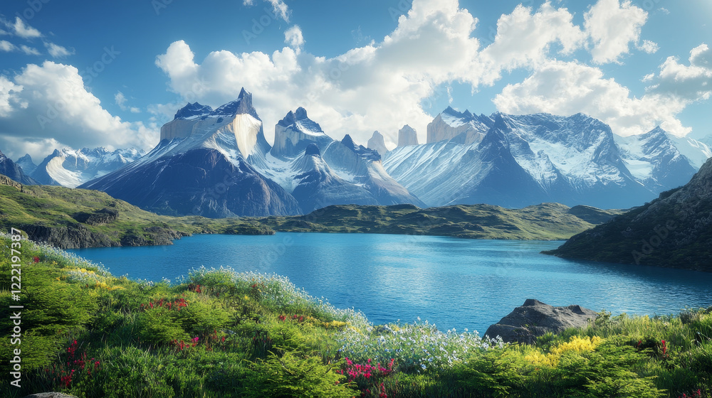 Fototapeta premium Mountain landscape with jungle trees, lake or river and rocky snowy hills. Cartoon summer forest scenery with water in pond, peaks and woods, blue sky with clouds. Outdoor countryside panorama.