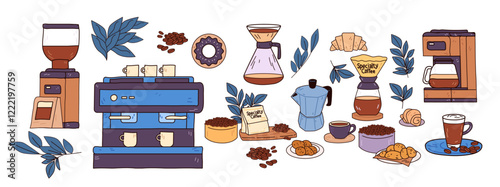 Coffee brewing equipment and pastries collection featuring espresso machine grinder moka pot croissants cookies and coffee beans with decorative leaves