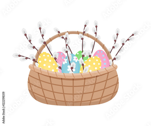 Brown wicker basket with painted Easter eggs and branches of fluffy willow. Composition isolated on transparent and white background. Close-up element for design decoration. Vector illustration.