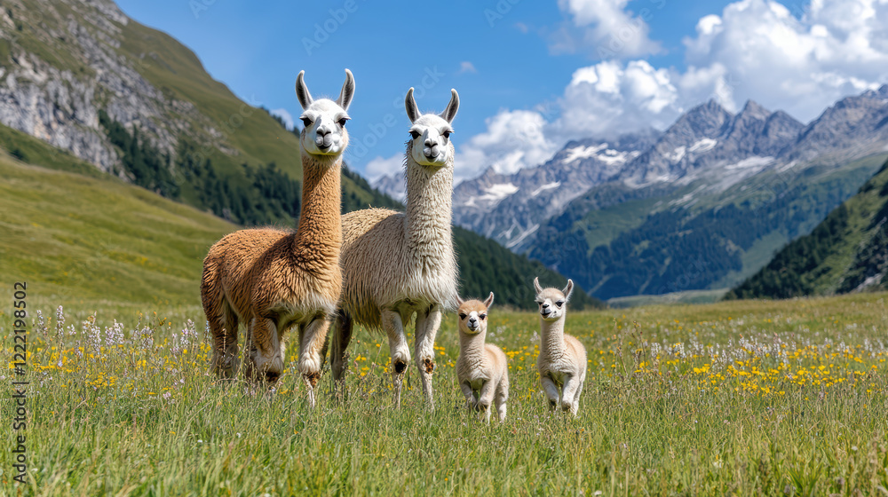 Fototapeta premium Llama family with baby llama exploring sunny field in mountains