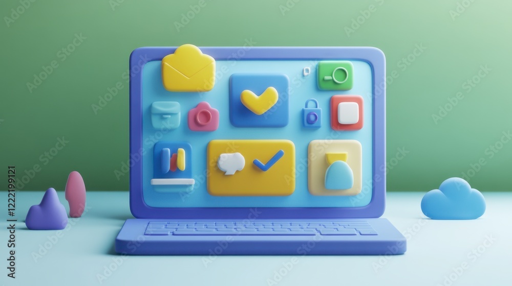 D laptop with online marketing tools and a focus on organic traffic growth, featuring various SEO icons in a modern interface. D laptop with online marketing tools and a focus on organic traffic growth, featuring various SEO icons in a modern interface.