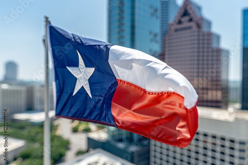 Texas Independence Day. The Texas state flag displayed on a bright blue background with crisp folds. photo