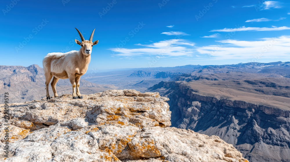 majestic ibex standing on rocky cliff, overlooking vast landscape majestic ibex standing on rocky cliff, overlooking vast landscape