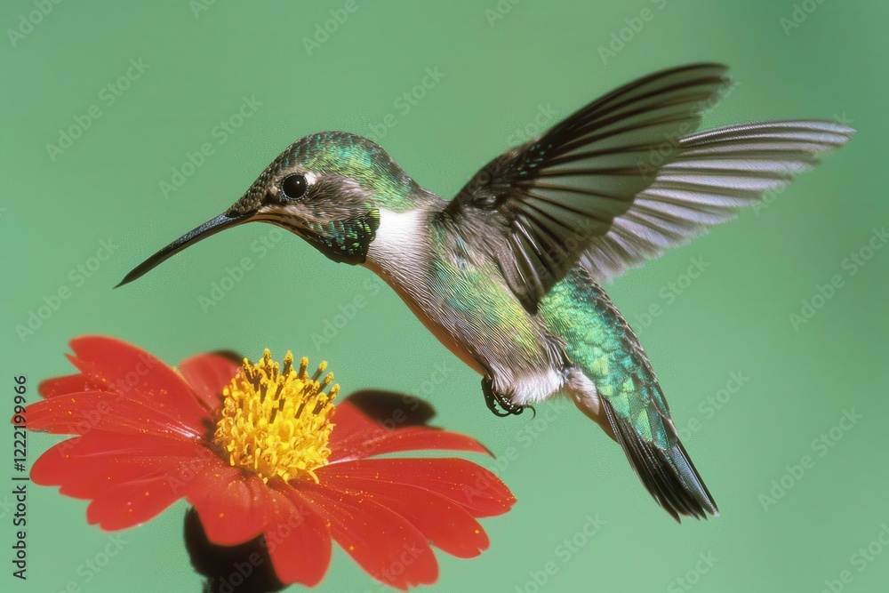 Fototapeta premium Hummingbird in Flight A hummingbird mid-flight, sipping nectar from a vibrant red flower. 