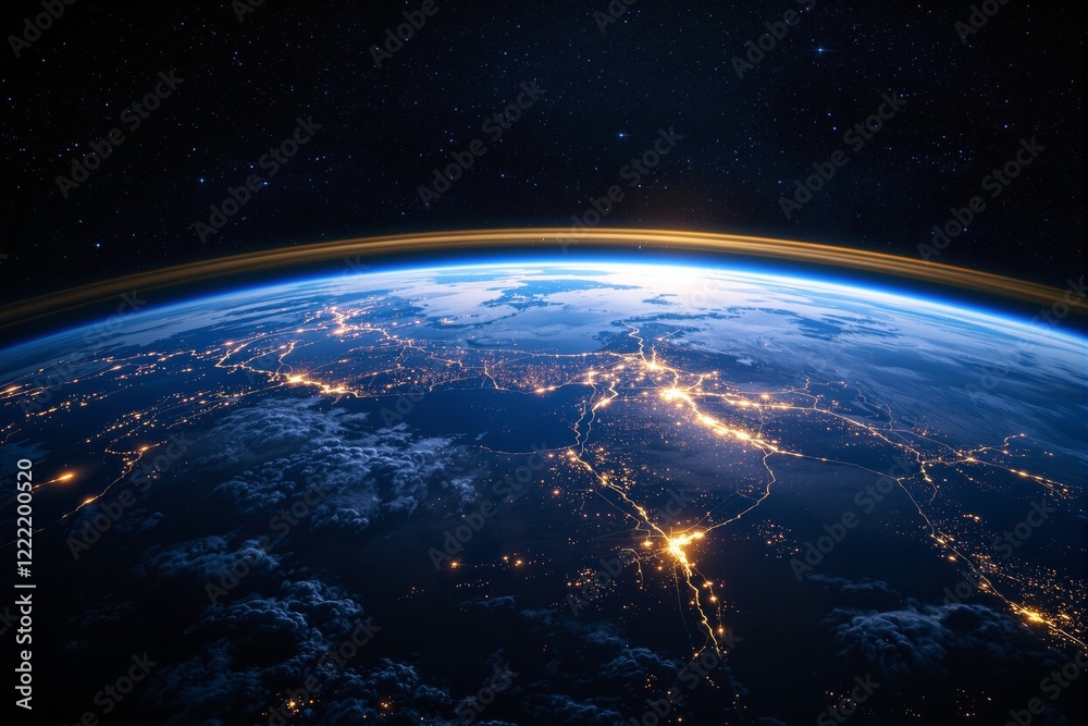 Obraz premium Stunning view of Earth's surface illuminated by city lights under a starry sky from space.