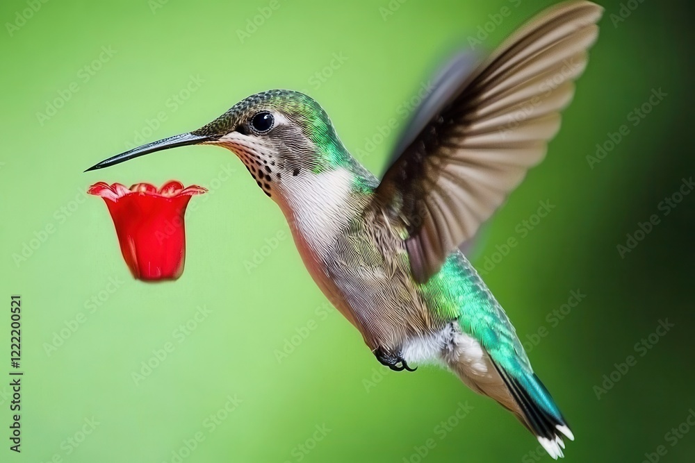 Naklejka premium Hummingbird in Flight A hummingbird mid-flight, sipping nectar from a vibrant red flower. 
