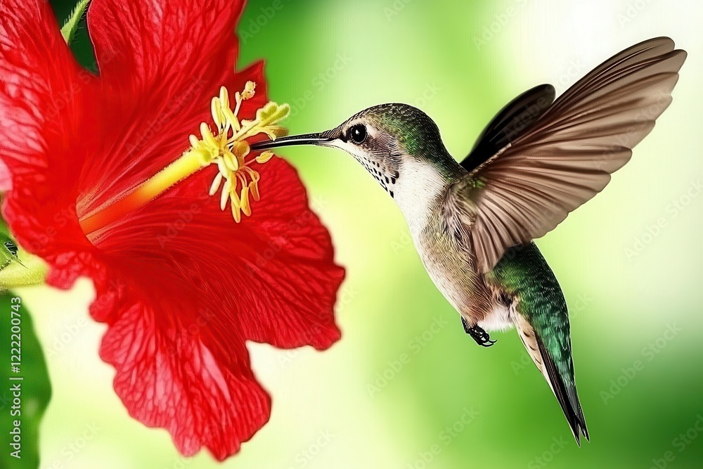 Fototapeta premium Hummingbird in Flight A hummingbird mid-flight, sipping nectar from a vibrant red flower. 