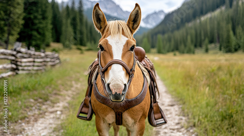 mule with saddle stands ready for mountain trail ride in nature