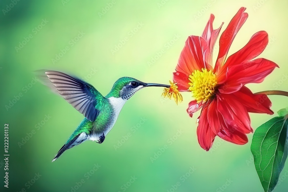 Fototapeta premium Hummingbird in Flight A hummingbird mid-flight, sipping nectar from a vibrant red flower. 